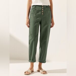 NWT LINTICO HEIDI LINEN SIMPLE BUTTON TROUSERS in Forest Green bohemian Size S